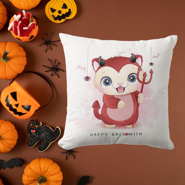 Happy Halloween Cute Kitty Devil Spider Flying Bat Throw Pillow (Creator Uploaded)