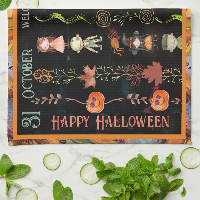 Happy Halloween Cute Monsters and Witch Kitchen Towel (Folded)