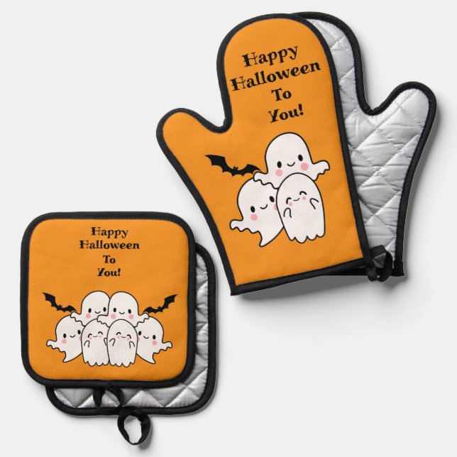 Happy Halloween Cute Personalize Oven Mitt & Pot Holder Set (Front/Back)