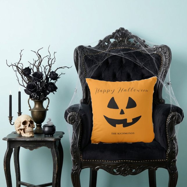 Happy Halloween Cute Pumpkin Face Personalized Throw Pillow (Creator Uploaded)