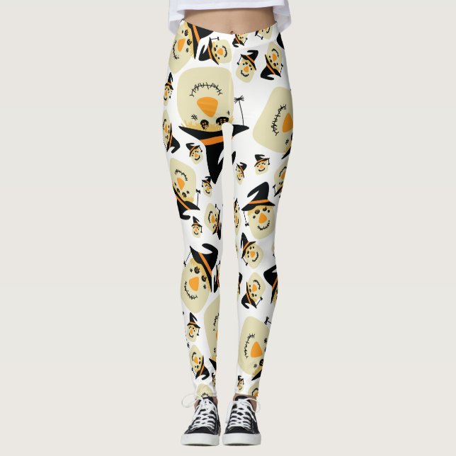 Happy Halloween Cute Scarecrow and Spider Leggings (Front)