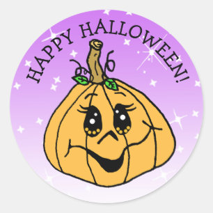Happy Halloween Cute Whimscical Pumpkin Purple Classic Round Sticker