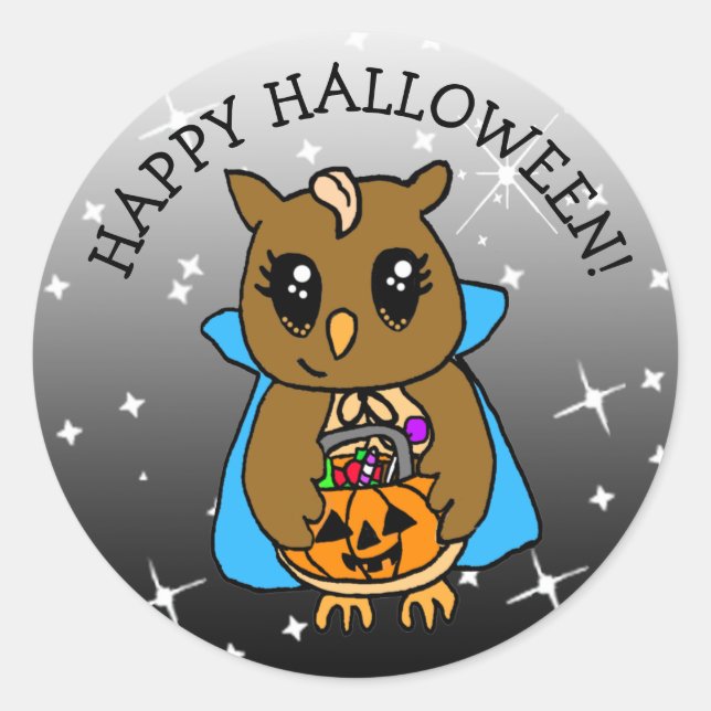 Happy Halloween Cute Whimsical Owl with Candy Classic Round Sticker (Front)