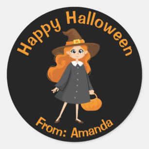 Happy Halloween Cute Witch Black and Orange Fun Classic Round Sticker