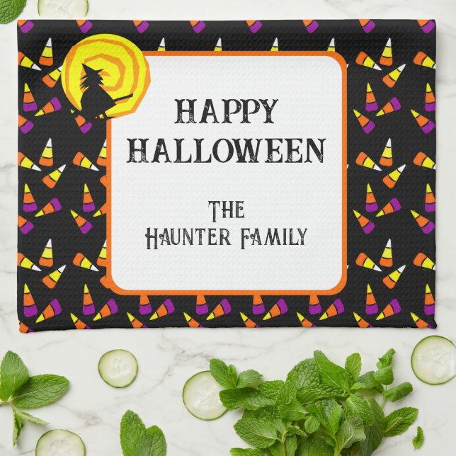 Happy Halloween Cute Witch Candy Corn Pattern Kitchen Towel (Folded)