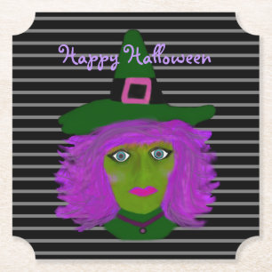Happy Halloween Cute Witches Black Purple Paper Coaster