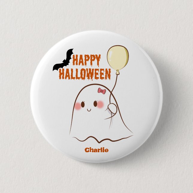 Happy Halloween Cutie Ghost Holding A Balloon Name 2 Inch Round Button (Front)
