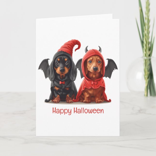 Happy Halloween Dachshund Dogs Devil Bat Card (Front)