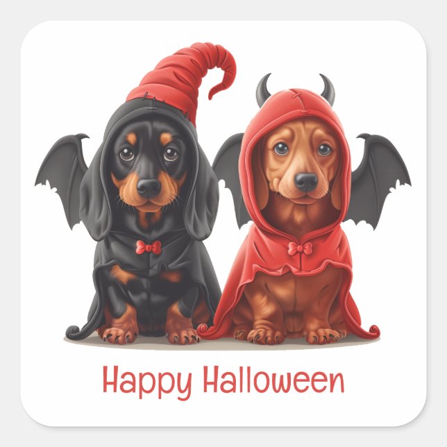 Happy Halloween Dachshund Dogs Devil Bat Square Sticker (Front)