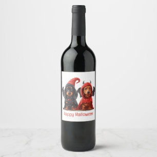 Happy Halloween Dachshund Dogs Devil Bat Wine Label
