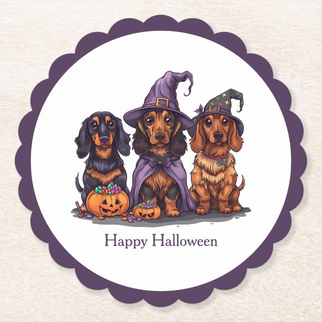 Happy Halloween Dachshund Witch Dogs Paper Coaster (Front)