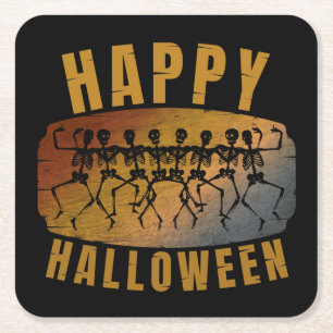 HAPPY HALLOWEEN DANCING SKELETON SQUARE PAPER COASTER