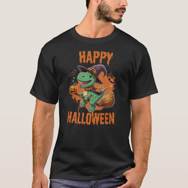 Happy Halloween Dinosaur with Pumpkin - Funny T-Re T-Shirt (Front)