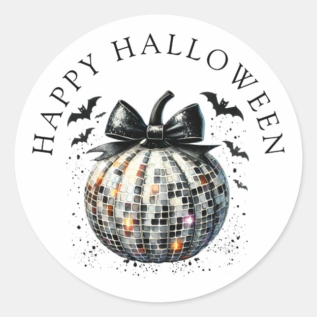 Happy Halloween Disco Ball Pumpkin Black Bow Classic Round Sticker (Front)