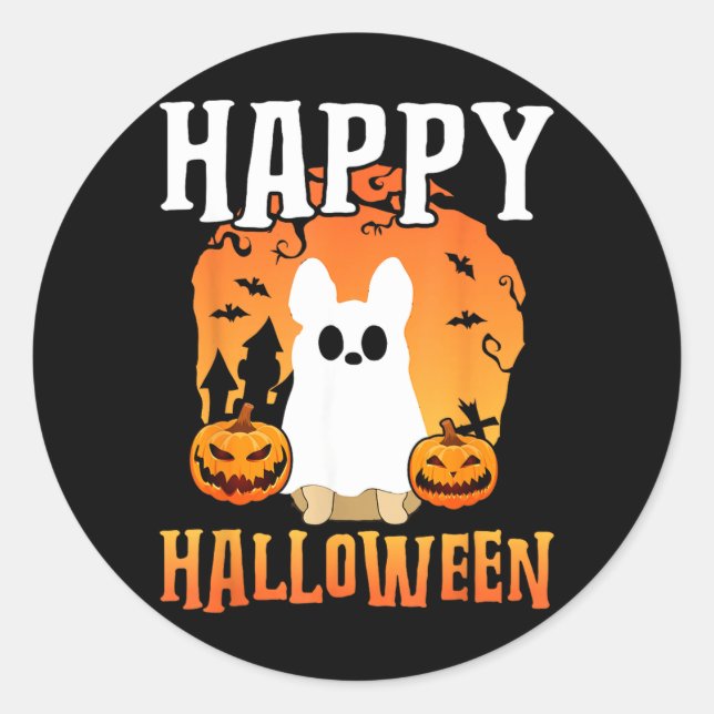 Happy Halloween Dog Ghost Classic Round Sticker (Front)