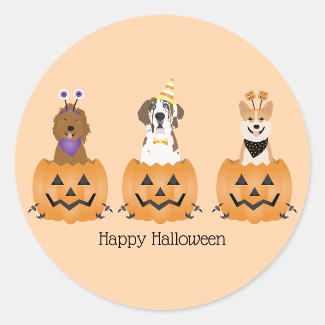 Happy Halloween Dogs In Pumpkins Classic Round Sticker (Front)