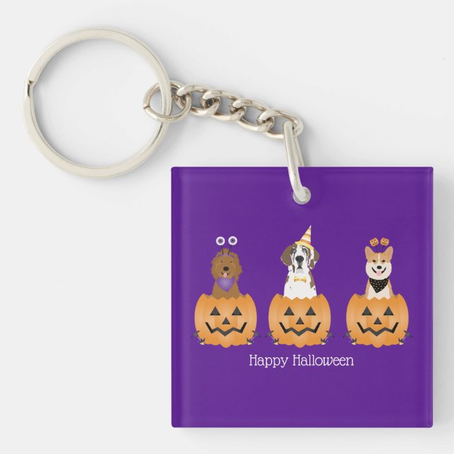 Happy Halloween Dogs In Pumpkins Keychain (Front)