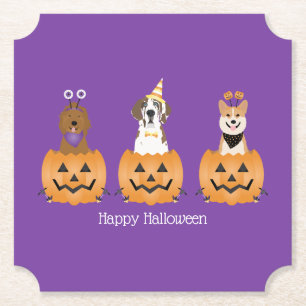 Happy Halloween Dogs In Pumpkins Paper Coaster