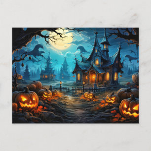 Happy Halloween Dreadful Haunted House & Pumpkins Postcard