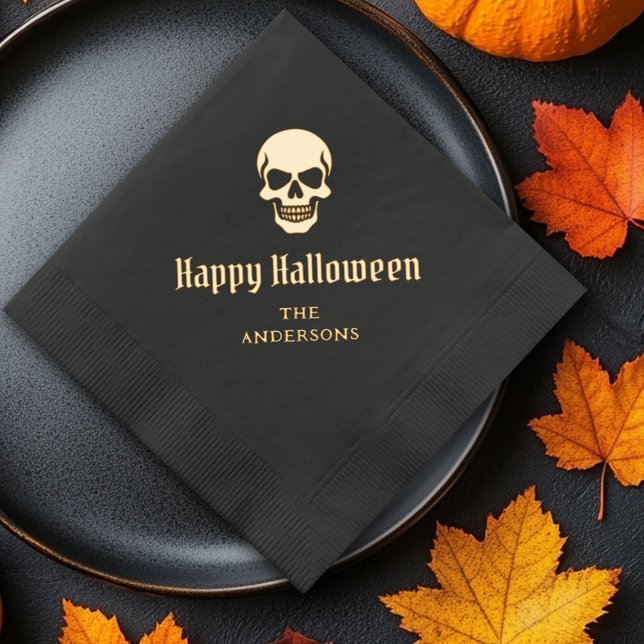 Happy Halloween éffrayant crâne nom ou texte perso (Happy Halloween spooky skull custom name or text Foil Napkins)