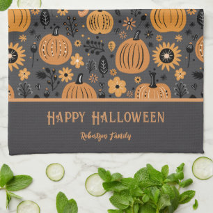 Happy Halloween Fall Pumpkin Family Name Kitchen Towel