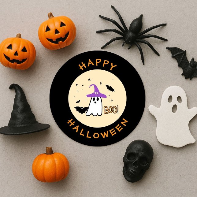 happy halloween fantasma bruxo fofo  classic round sticker (Creator Uploaded)