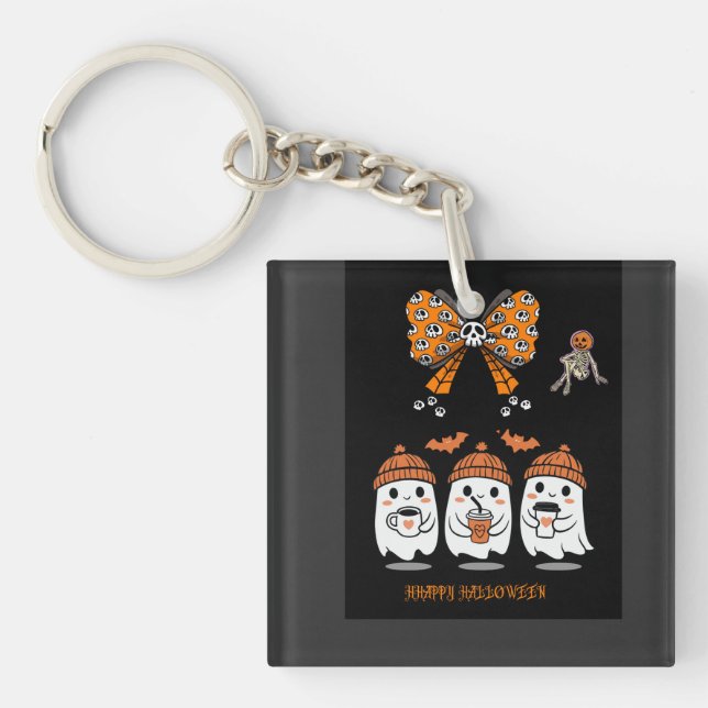 Happy Halloween – fantômes café mignons Keychain (Front)
