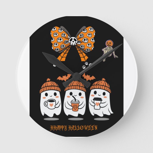 Happy Halloween – fantômes café mignons Round Clock (Front)
