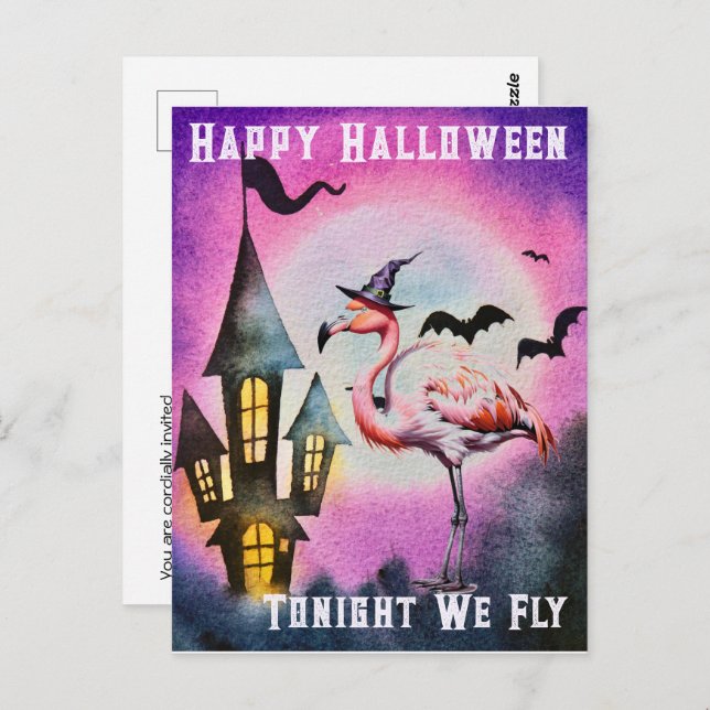 Happy Halloween Flamingo Bats Haunted Castle Postcard (Front/Back)