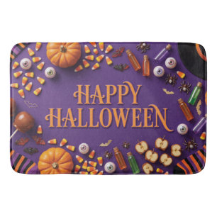 Happy Halloween Flat Lay Greeting on Purple  Bath Mat