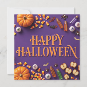 Happy Halloween Flat Lay Greeting on Purple Holiday Card