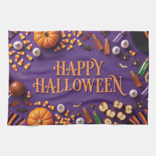 Happy Halloween Flat Lay Greeting on Purple Kitchen Towel