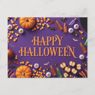 Happy Halloween Flat Lay Greeting on Purple Postcard