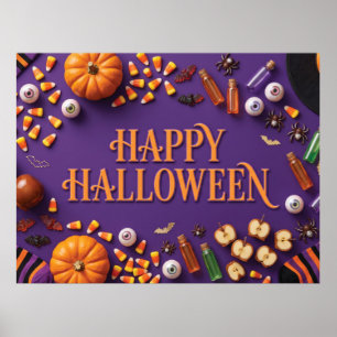Happy Halloween Flat Lay Greeting on Purple Poster