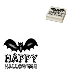 Happy Halloween Flying Black Bat Trick or Treat Rubber Stamp
