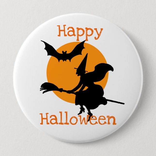 Happy Halloween Flying Witch and Bat 4 Inch Round Button (Front)
