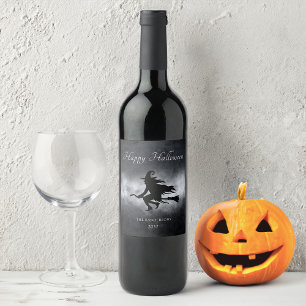 Happy Halloween Flying Witch Personalized Wine Label