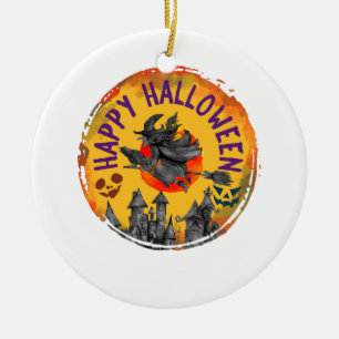 Happy Halloween – Flying Witch, Spooky House Ceramic Ornament