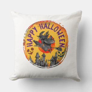 Happy Halloween – Flying Witch, Spooky House Throw Pillow