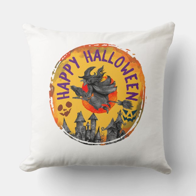 Happy Halloween – Flying Witch, Spooky House Throw Pillow (Front)