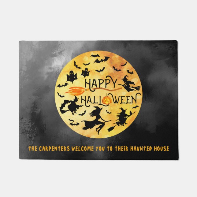 HAPPY HALLOWEEN, Flying Witches, Ghosts & Bats Doormat (Front)