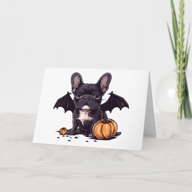 Happy Halloween French Bulldog Bat Wings Pumpkins Card (Front)
