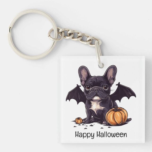 Happy Halloween French Bulldog Bat Wings Pumpkins Keychain (Front)