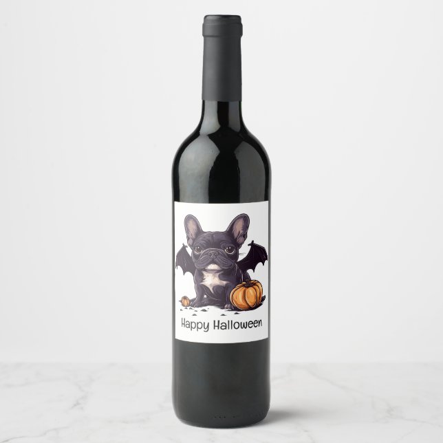 Happy Halloween French Bulldog Bat Wings Pumpkins Wine Label (Front)