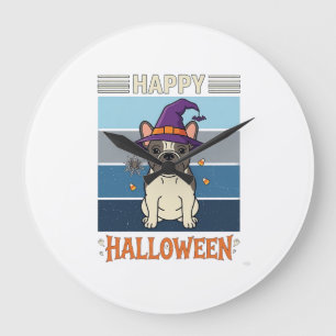 Happy Halloween French Bulldog Witch Spider Web Ca Large Clock