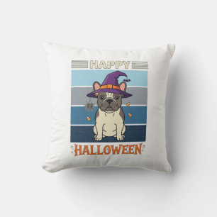 Happy Halloween French Bulldog Witch Spider Web Ca Throw Pillow