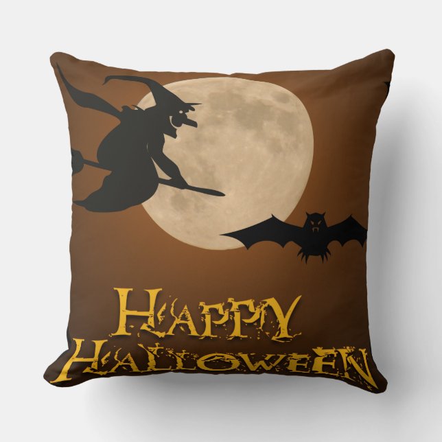 Happy Halloween; Full Moon and Witch Throw Pillow (Front)
