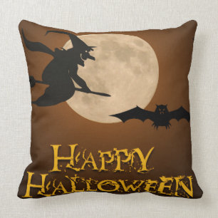 Happy Halloween; Full Moon and Witch Throw Pillow