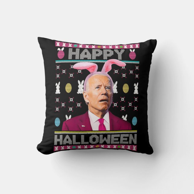 Happy Halloween Fun Bunny Joe Biden Confused Easte Throw Pillow (Front)