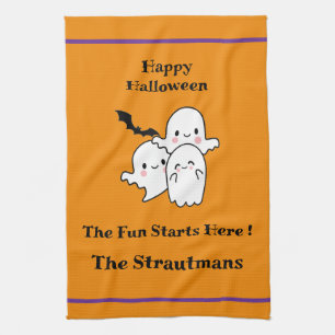 Happy Halloween Fun PERSONALIZE Ghost Bat Orange  Kitchen Towel